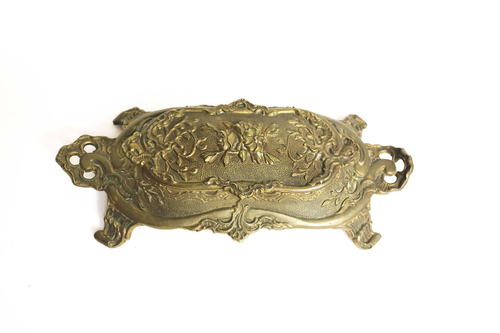 Antiek Frans Bronzen Postzegeldoos Met Bloemmotieven – Bureauaccessoire Met Vier Vakken, Ca. 1900–1920