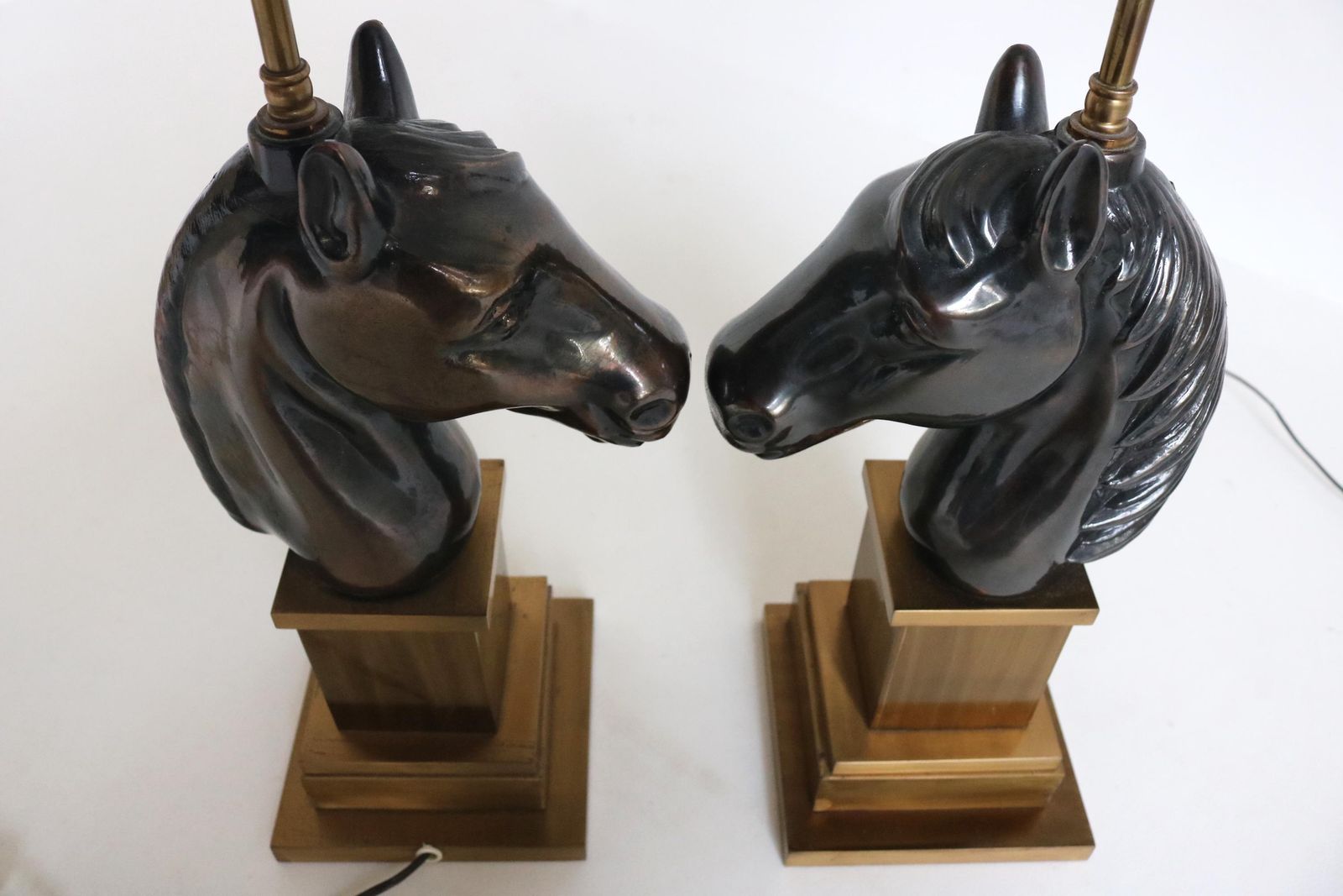 Two Hollywood Regency Horse Head Lamps Mid  Century Couple Brass Horses Table Lamps With Shades, 1970s photo Lighting