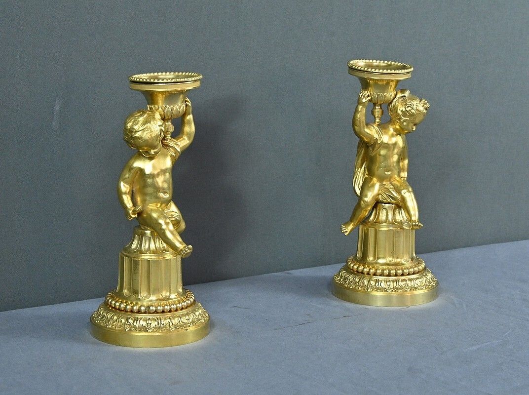 Pair Of Gilt Bronze Candlesticks, Louis XVI – Mid 19th Century photo for sale