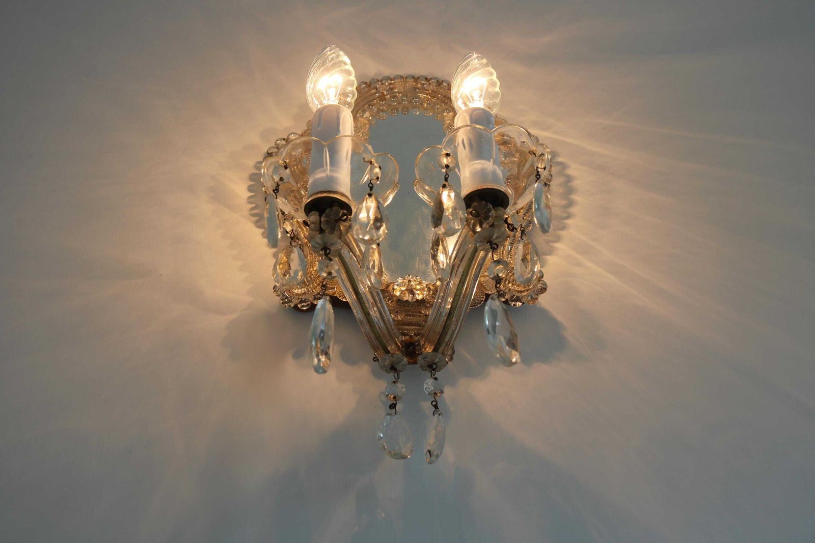 Murano Glass Venetian Style Wall Lamp With Mirror Two Arm Glass Sconce, Vintage Italian Floral Wall Light 1950s photo Lighting