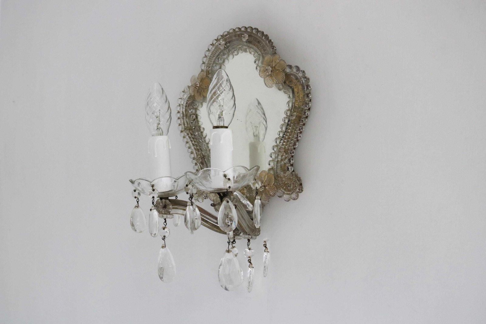 Murano Glass Venetian Style Wall Lamp With Mirror Two Arm Glass Sconce, Vintage Italian Floral Wall Light 1950s photo vinterior