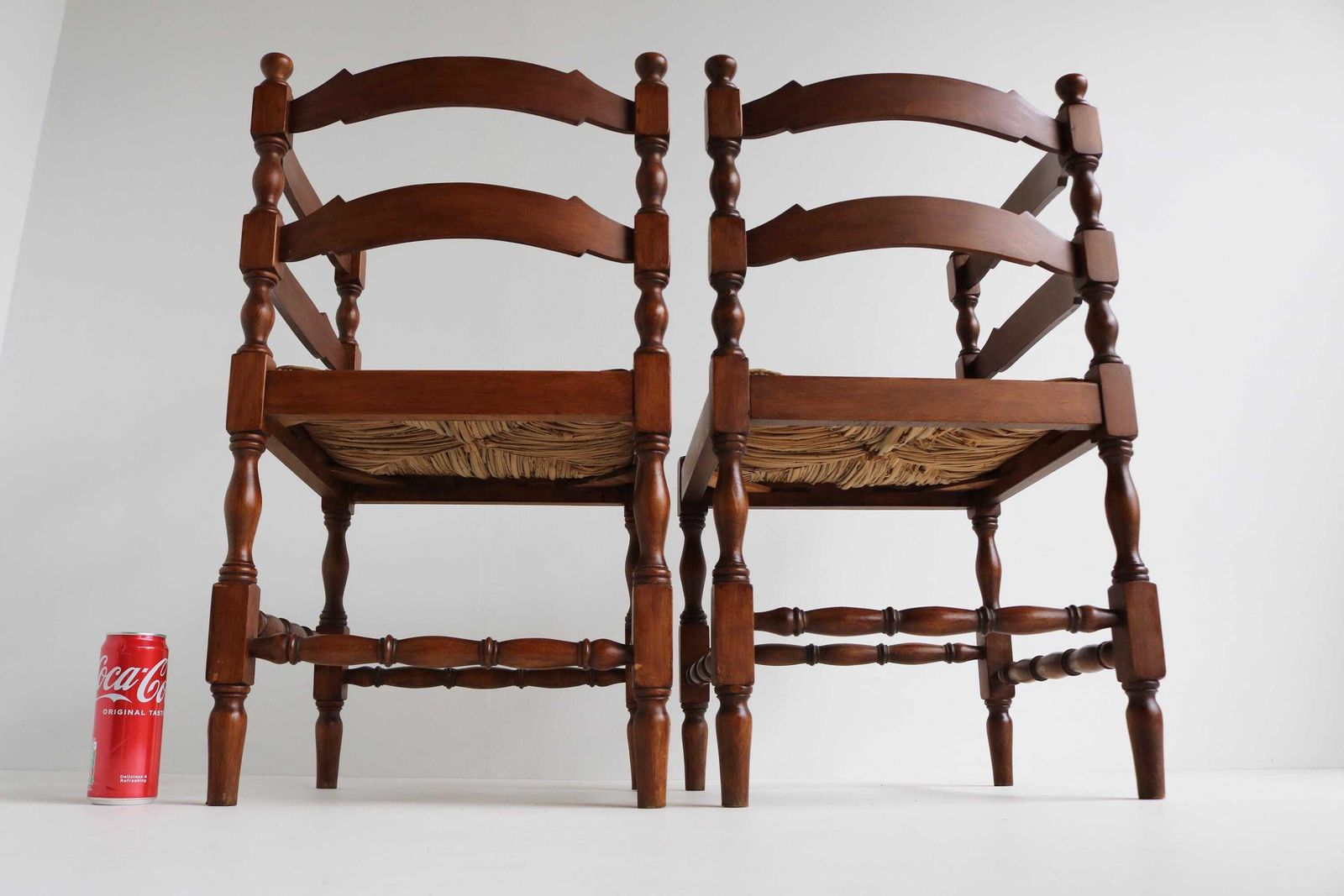 photo for sale Pair Of Antique Dutch Corner Chairs – Rustic Oak & Woven Rush Seat – 1930s Farmhouse Fireside Chairs