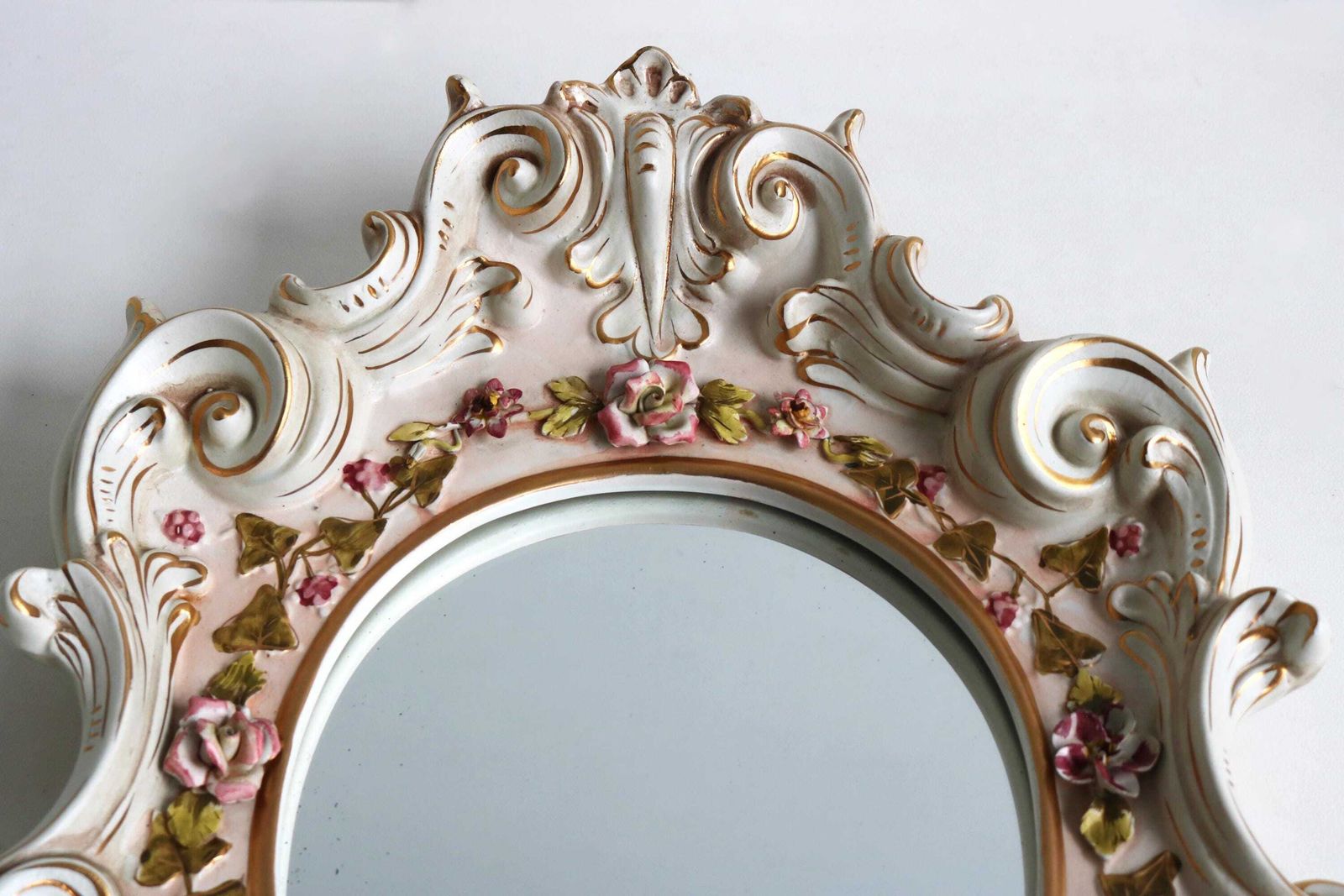 Italian Ceramic Porcelain Mirror Flowers Capodimonte Style Wall Mirror Floral Italy Mid 20th Century By "Massive Made In Italy" photo furniture