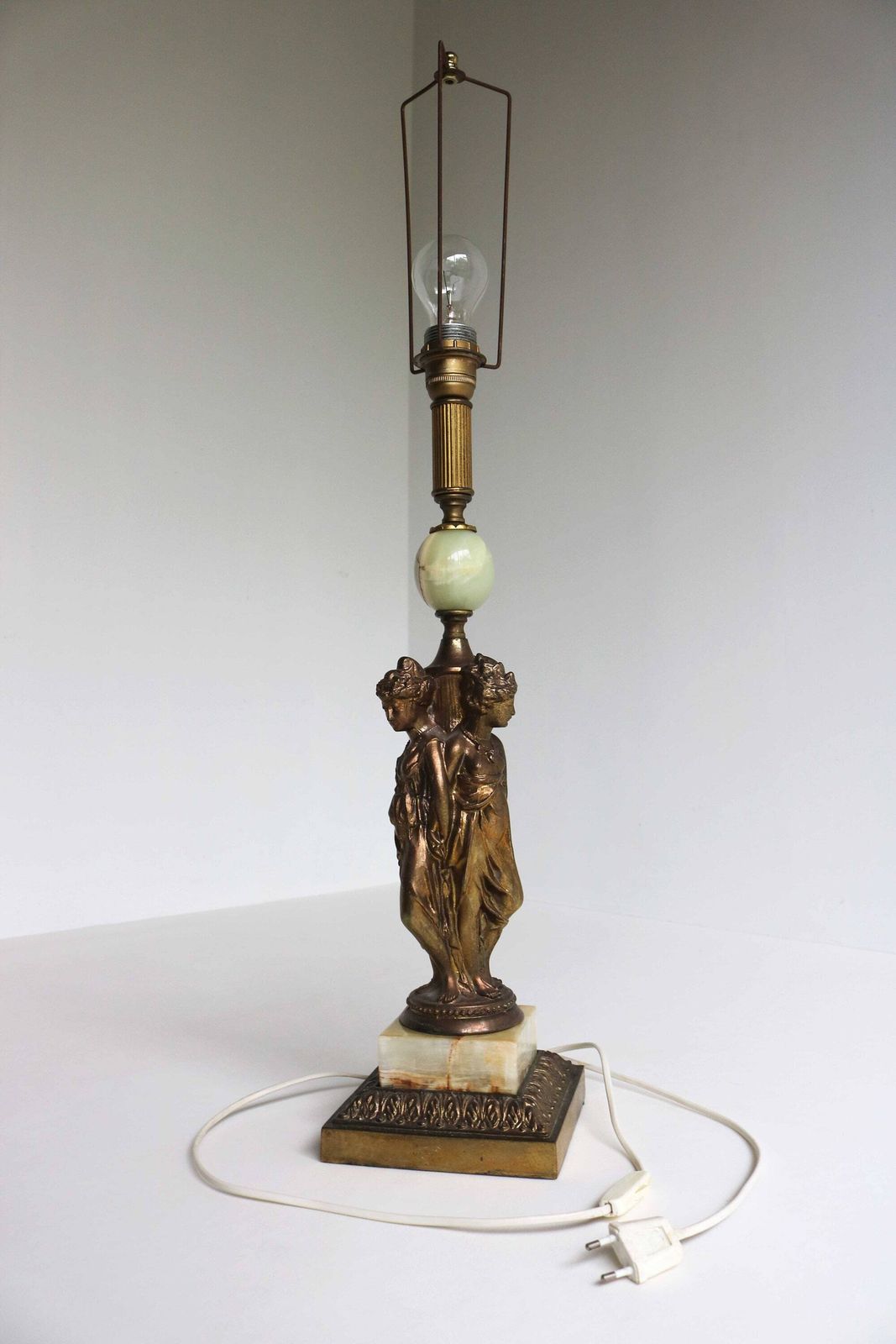 The Three Graces Mid Century Table Lamp Base 1970's Deknudt Belgium Hollywood Regency Brass Onyx Light Desk Lamp Godess Caryatids Cariatides photo for sale