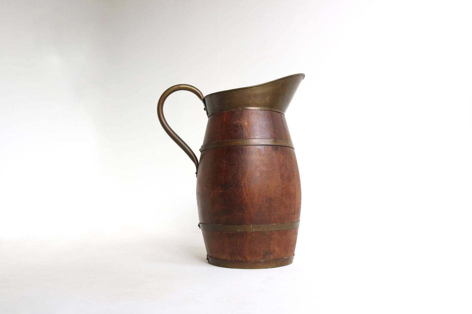 Impressive Xl Antique French Oak And Brass Pitcher, Big Wine Jug Large French Umbrella Holder Stick Stand 1900s