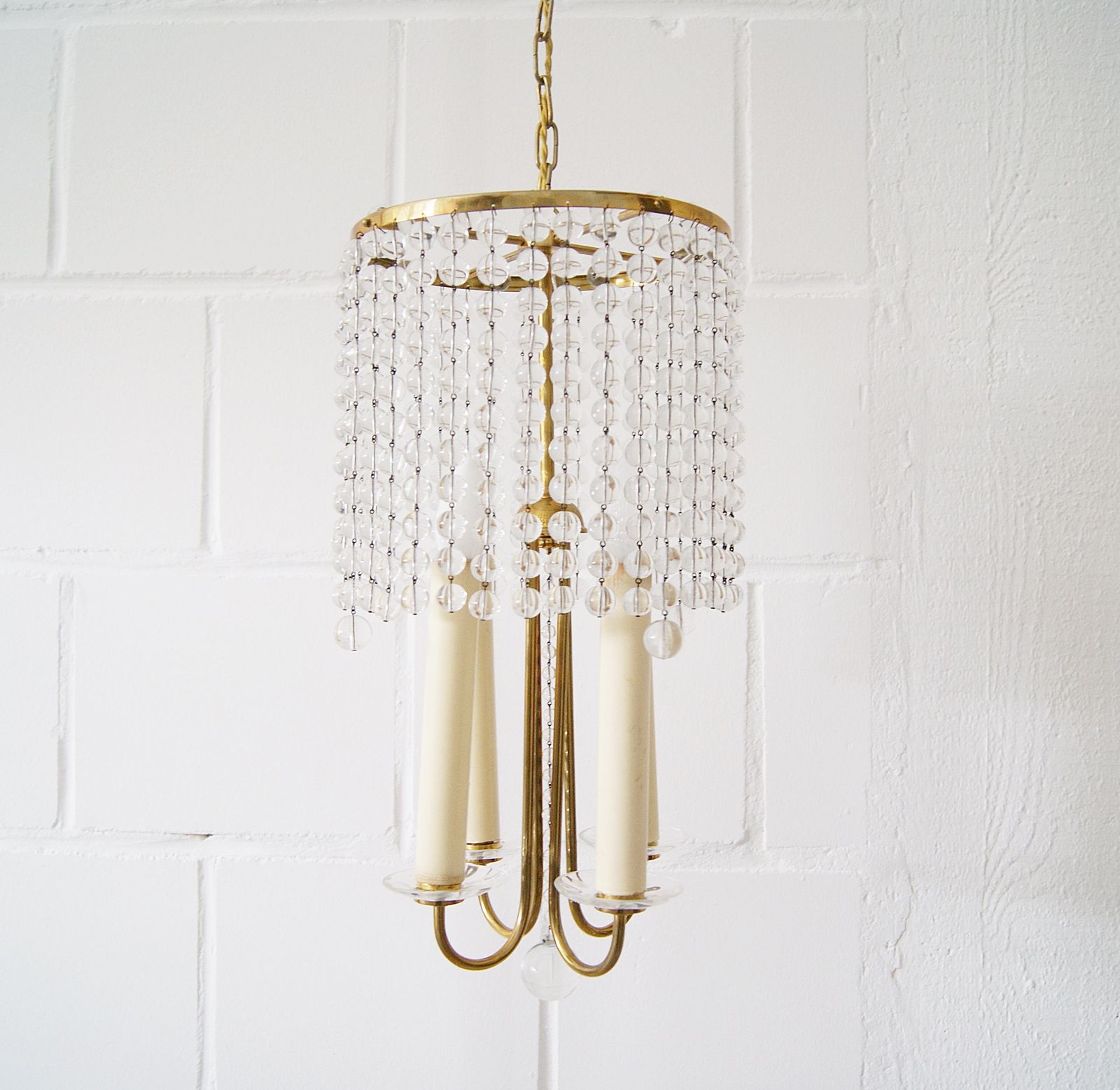 Chandelier Antique Four Flames With Glass Beads, Brass, Boho Lamp