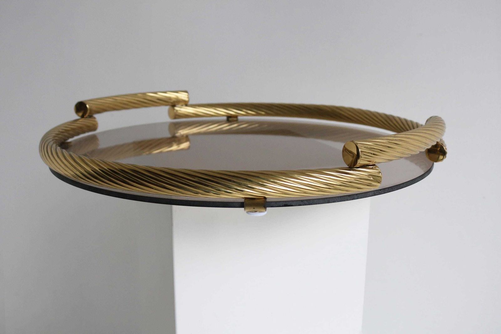 Dimart Milano 24 Karat Gold Plated Brass Italian Round Tray With Smoked Glass 1980s photo Home Decor