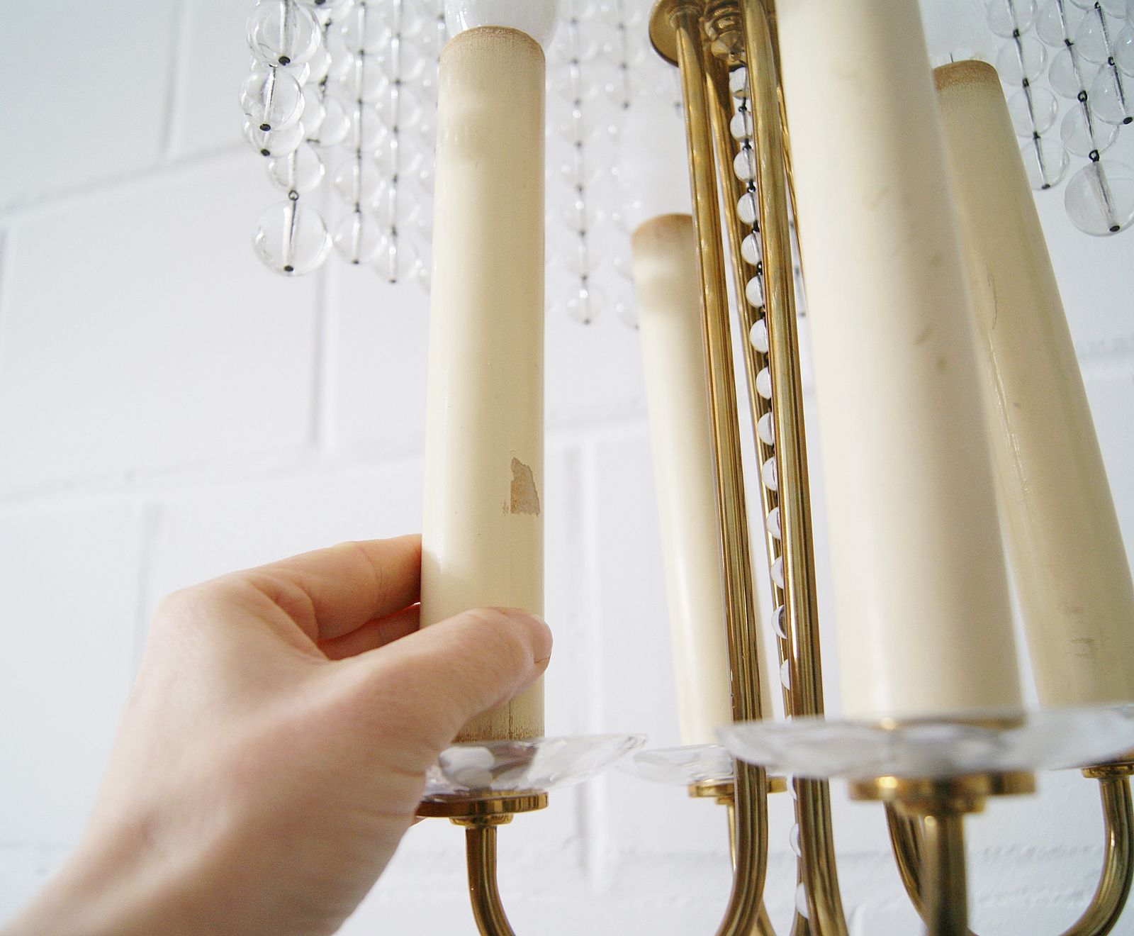 photo for sale Chandelier Antique Four Flames With Glass Beads, Brass, Boho Lamp