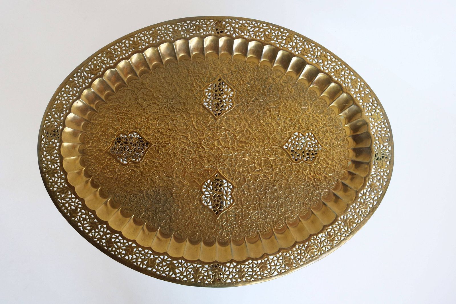 Mid Century Modern Oval Brass Tea Tray Table Moroccan Coffee Table With Spider Leg Base 1960s Carlo Di Carli Style Boho Chic 2 Piece Set photo furniture
