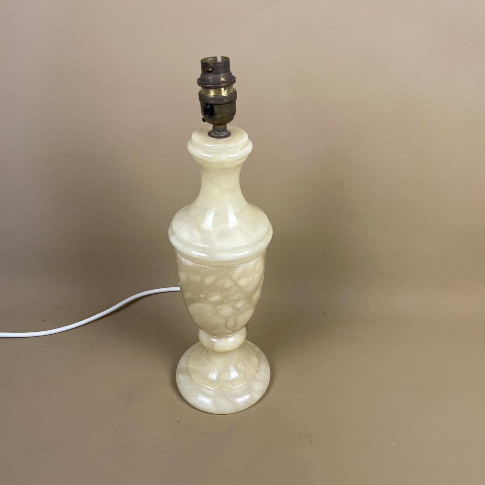 Antique Marble Lamp Light Bedside Side Table Desk Round Base Marbled Patterned Detail Vintage Pattern Off White Cream Stone Pillar Heavy photo furniture
