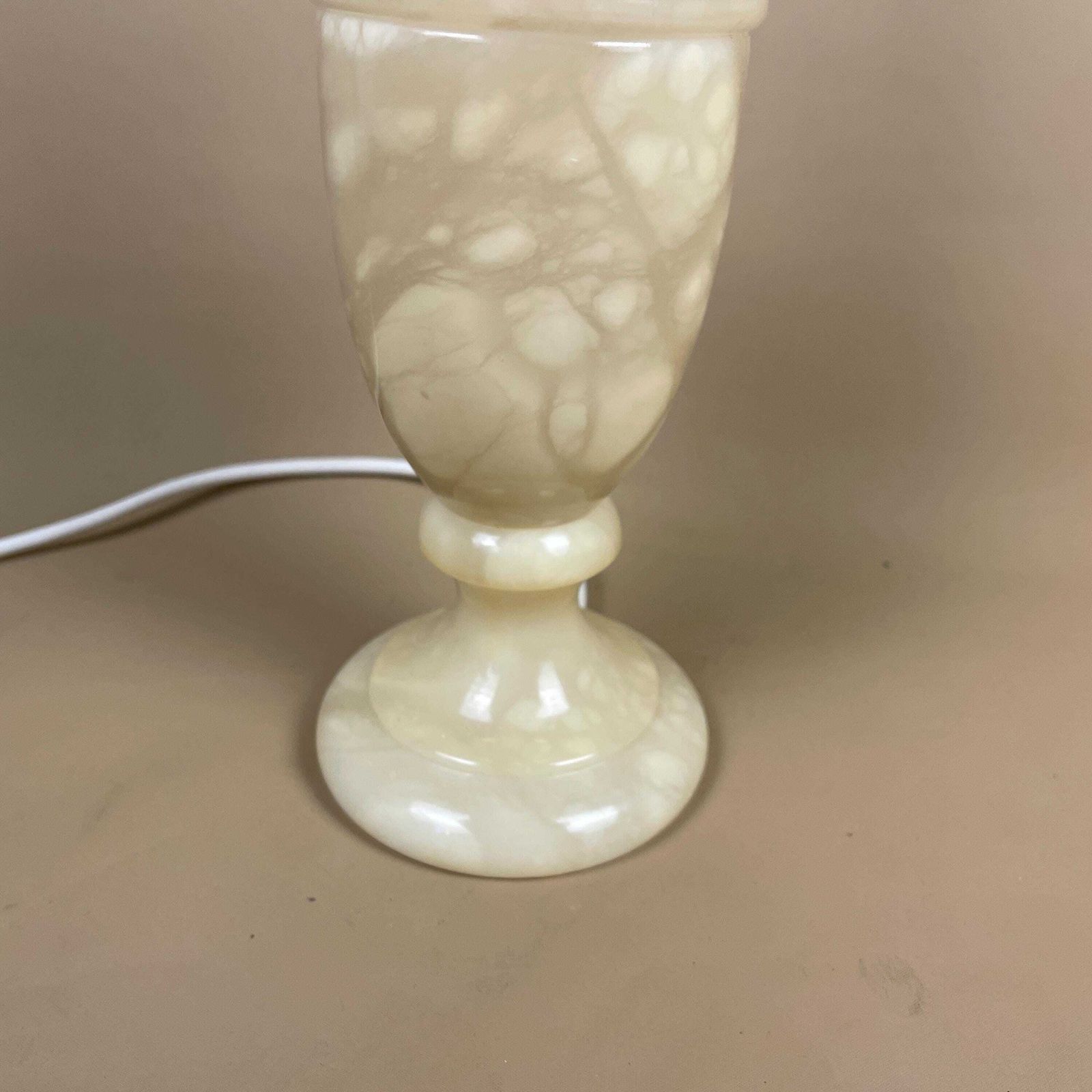Antique Marble Lamp Light Bedside Side Table Desk Round Base Marbled Patterned Detail Vintage Pattern Off White Cream Stone Pillar Heavy photo Lighting