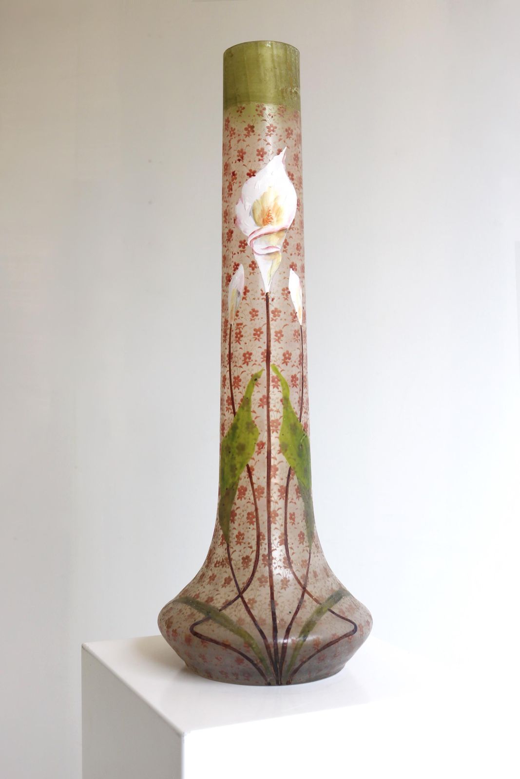 Antique Jugendstil Art Nouveau French Glass Vase Painted Enamelled Flower Vase Calla Lily Vase 1900s photo furniture