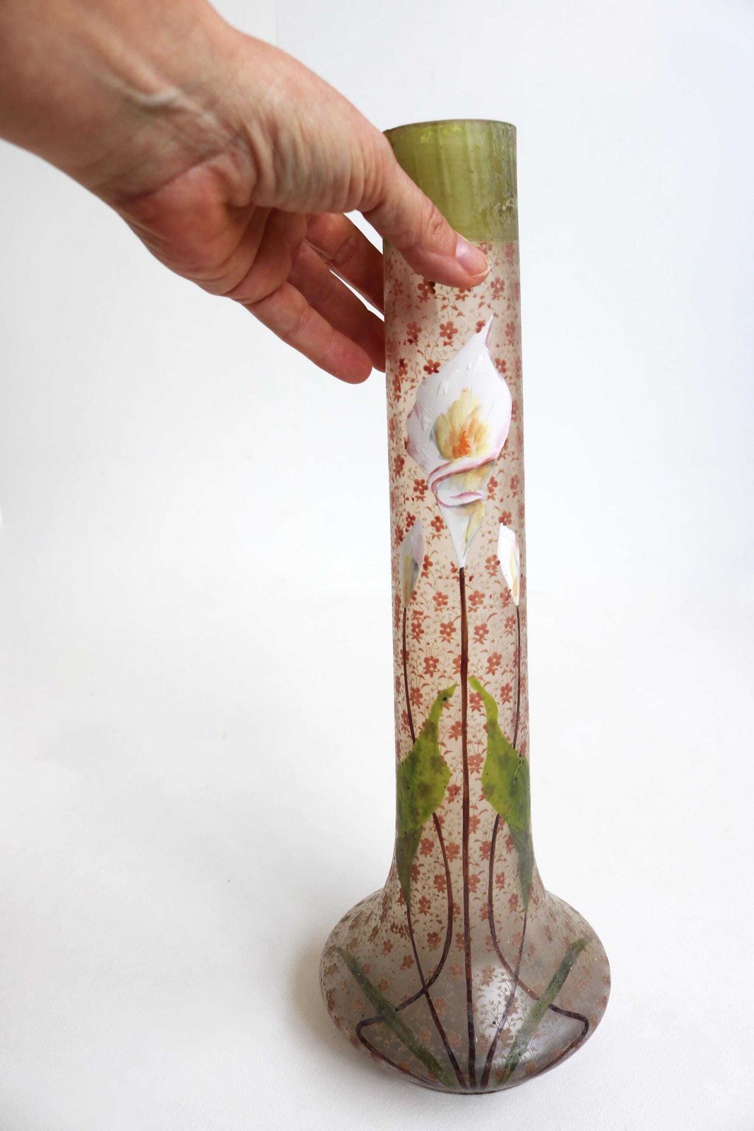Antiek Jugendstil Art Nouveau Frans Glazen Vaas | Geschilderd Geëmailleerd | Bloemenvaas | Calla Lelie | Begin 20e Eeuw photo Woonaccessoires