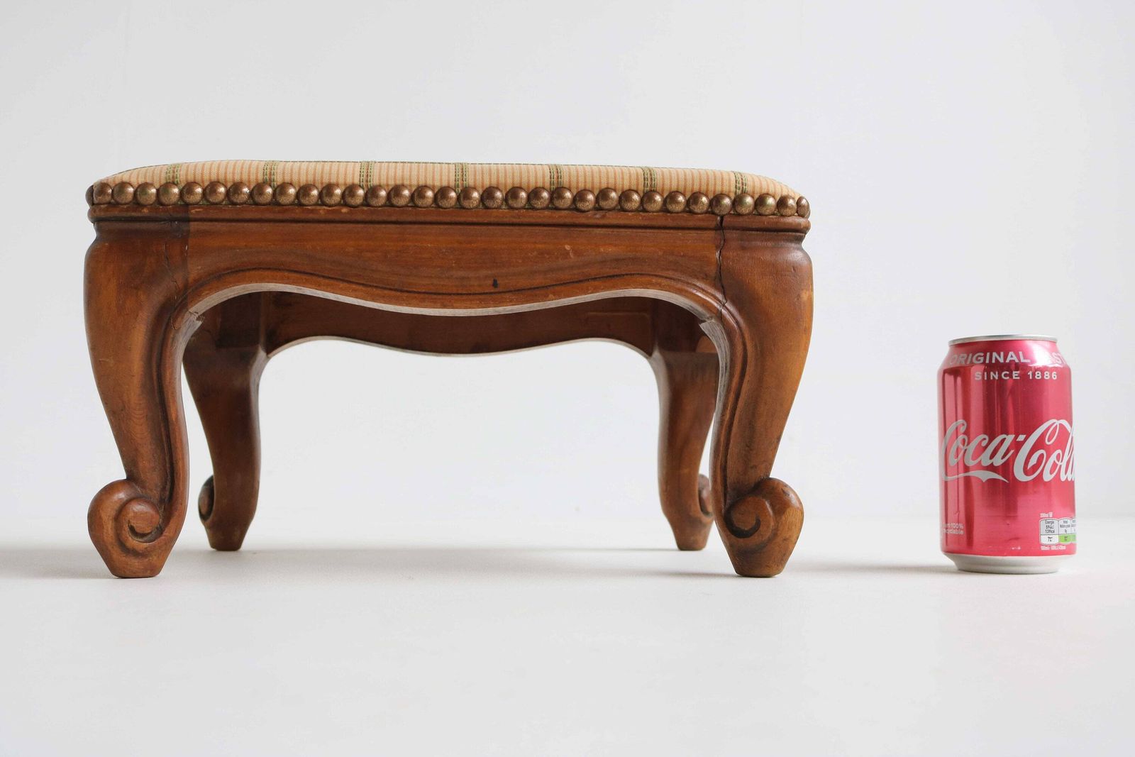 photo for sale Lovely Small Rectangular Footrest French Louis XV Carved Footstool With Fabric Country Provincial Vintage Foot Stool Mid 20th Century 1950s