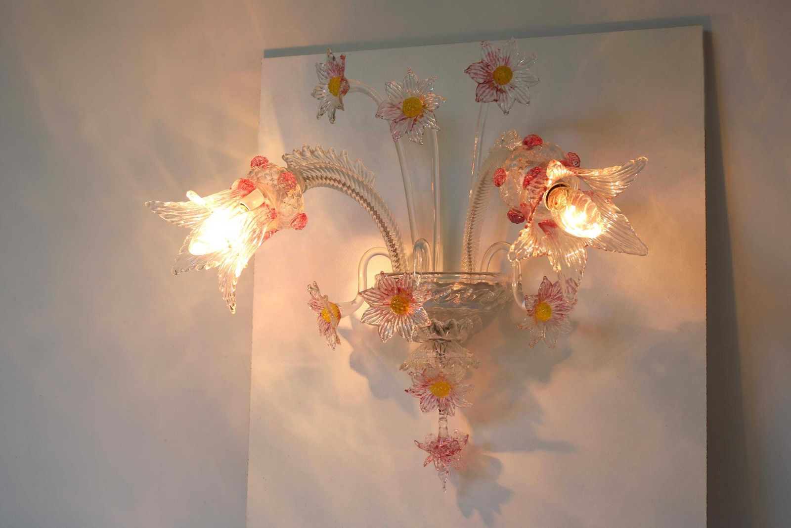 Single Murano Venetian Wall Sconce, Hand Blown Wall Light Pink ,Yellow And Clear Glass Flowers Floral Hand Made Wall Lamp 1950 Italian photo for sale