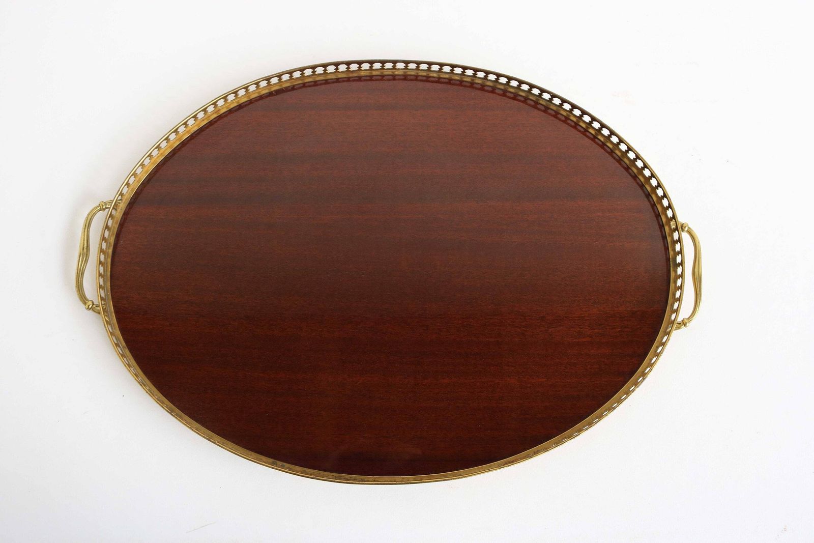 Ovaal Dienblad Met Twee Handgrepen, Messing En Formica Houtlook – Italiaans, Midden 20e Eeuw, Mid Century Modern Stijl, Regency Stijl photo furniture