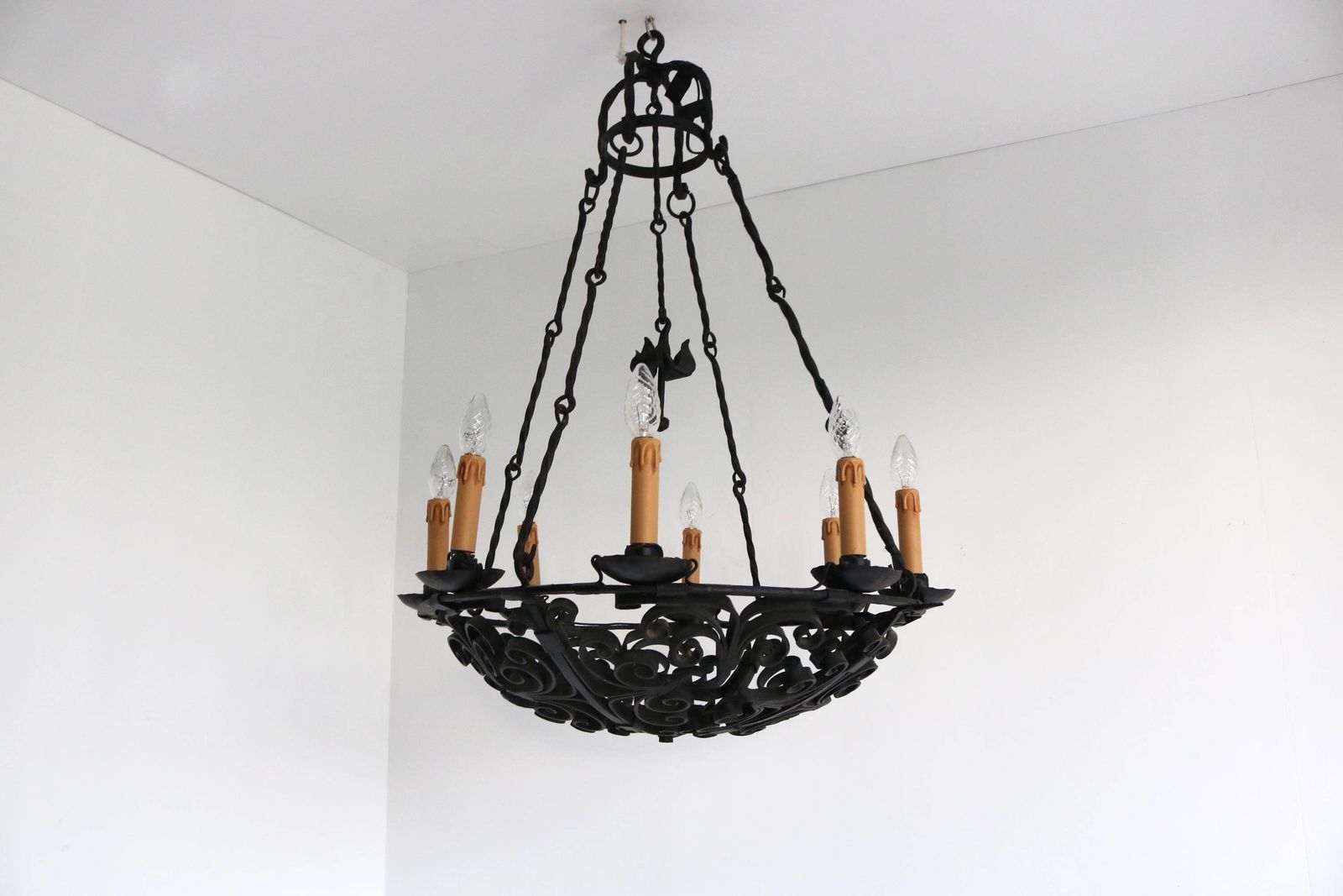 Large Wrought Iron Antique Castle Chandelier Arts & Crafts Round Pendant Light Fixture Hands Made Dome Crown Chains Late 19th Century photo vinterior