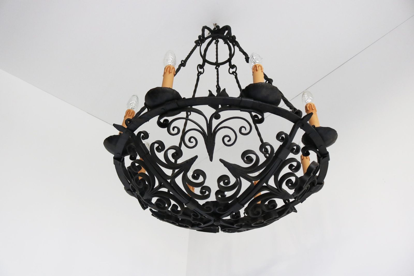 Large Wrought Iron Antique Castle Chandelier Arts & Crafts Round Pendant Light Fixture Hands Made Dome Crown Chains Late 19th Century photo buy