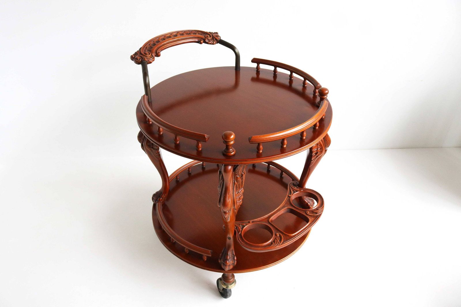Mid Century Round Rolling Bar Or Tea Cart, Swan Sculptures Vintage Wooden Serving Trolley Three Bottle Holder Side Table On Wheels 1960s photo for sale