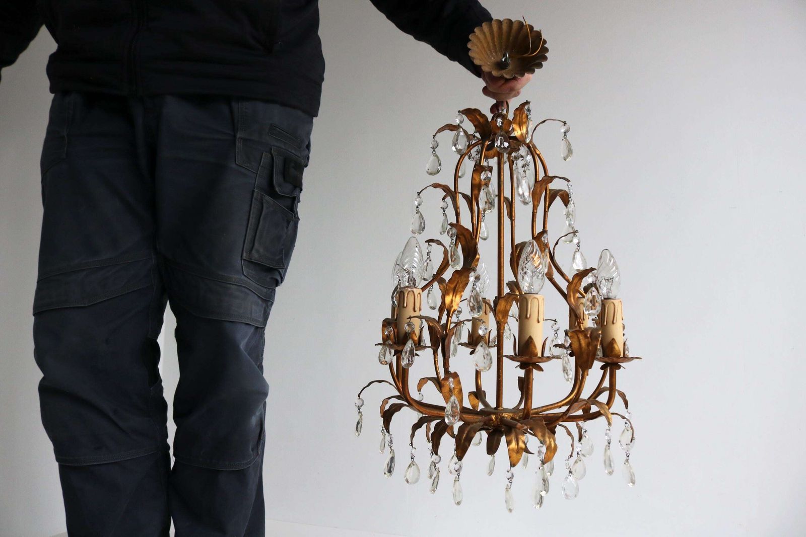 photo for sale Italian Patinated Gold Leaf Chandelier Hanging Crystals Florentine Tole Pendant Ceiling Light Gold Plated Metal Hollywood Regency 1950s
