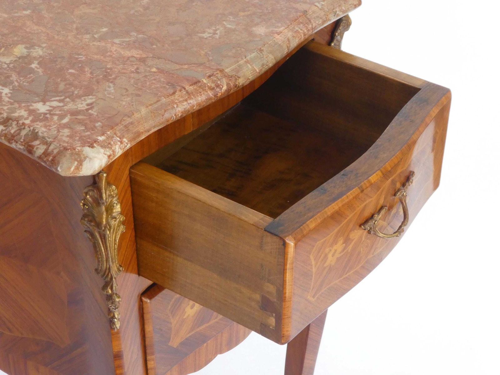 Antique Louis XV Style Side Table With Brown Marble Top, Small Chest With Brass Details, Wonderful Wooden Nightstand With Marquetry Details photo vintage