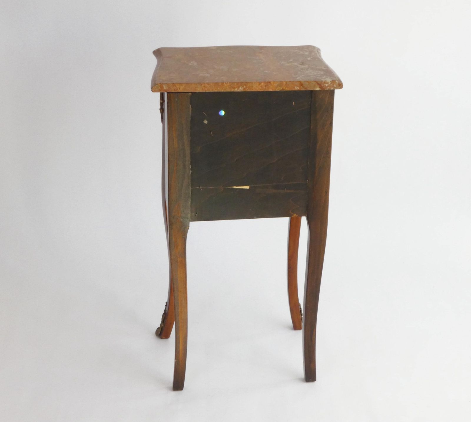 photo furniture Antique Louis XV Style Side Table With Brown Marble Top, Small Chest With Brass Details, Wonderful Wooden Nightstand With Marquetry Details