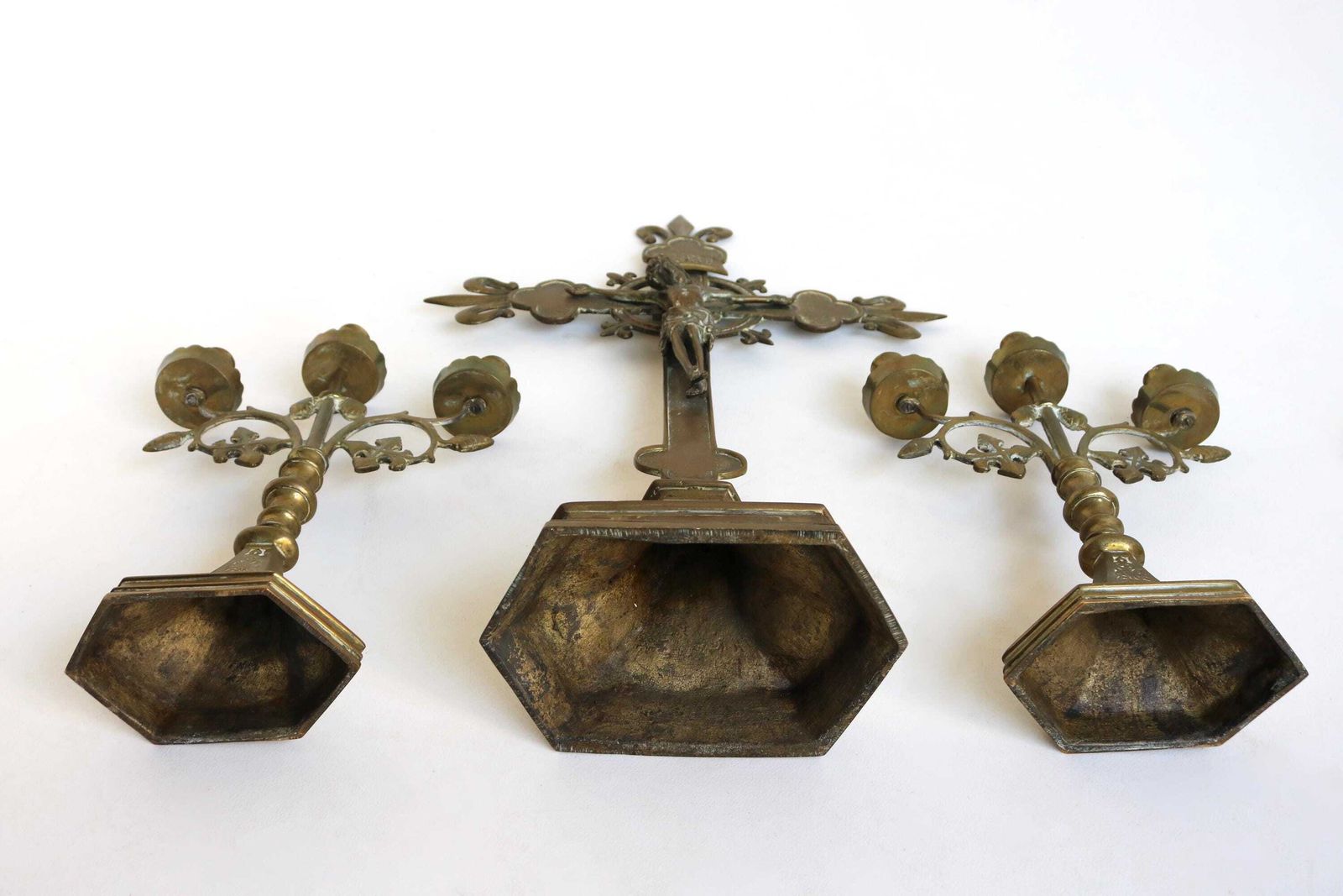 photo furniture Antique French Church Altar Set – Brass Crucifix & Candelabras – Three Piece Religious Decor  Fleur De Lis 1900s