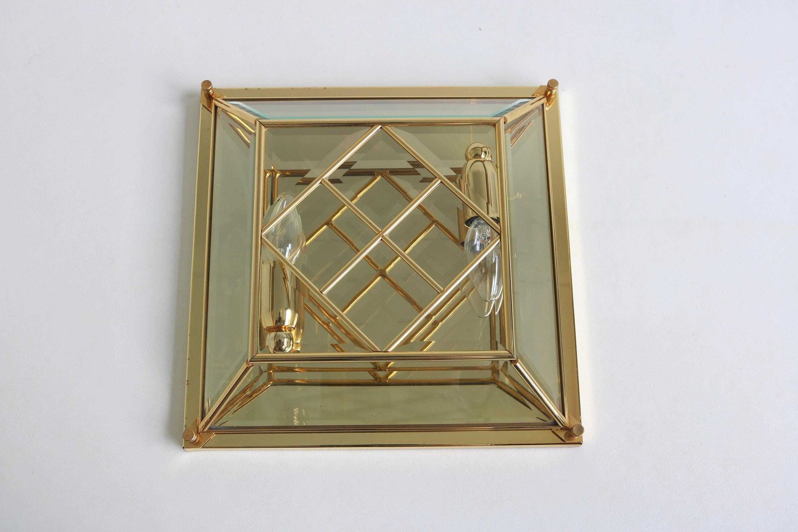 Mid Century Modernist Square Flush Mount Wall Mounted Chandelier Brass And Glass Gold Plated Faceted Glass Sconce 1980s photo furniture