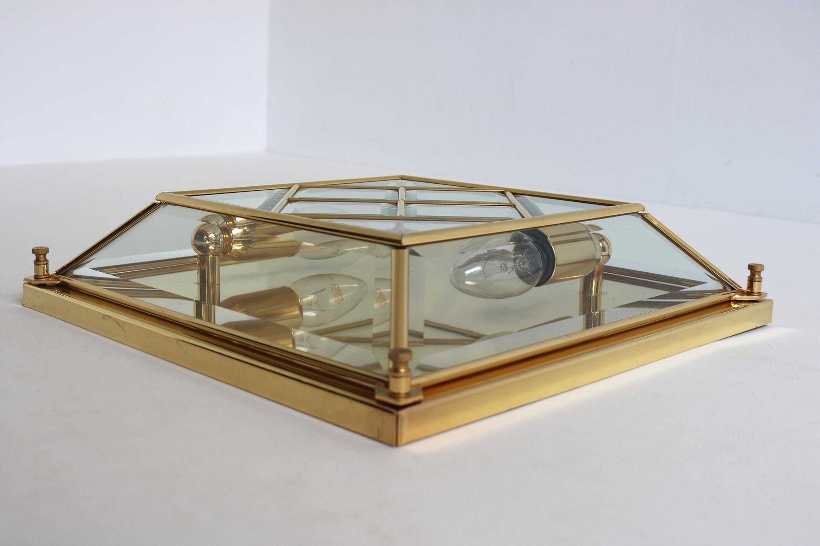 Mid Century Modernist Square Flush Mount Wall Mounted Chandelier Brass And Glass Gold Plated Faceted Glass Sconce 1980s photo 831.0