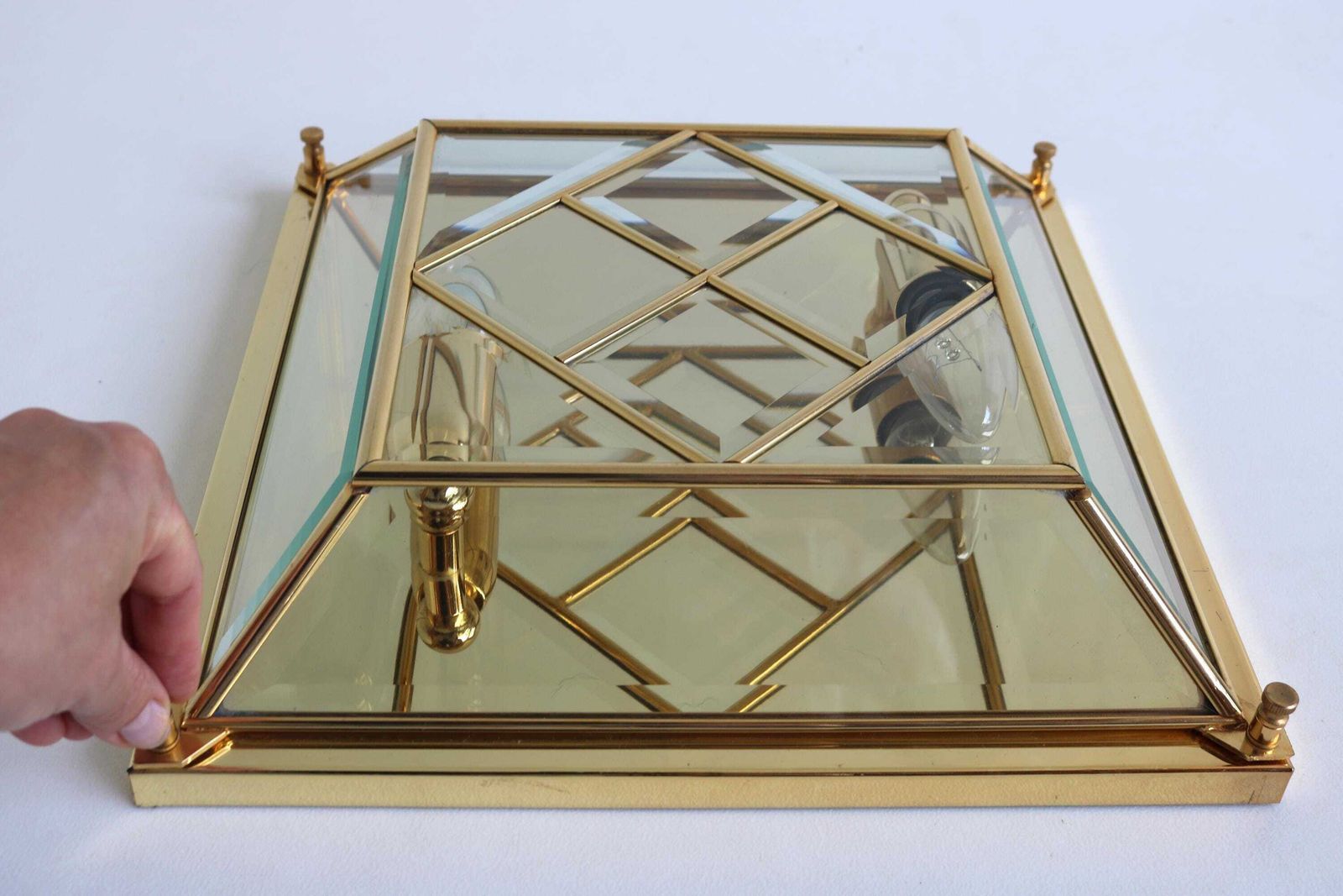 Mid Century Modernist Square Flush Mount Wall Mounted Chandelier Brass And Glass Gold Plated Faceted Glass Sconce 1980s photo buy