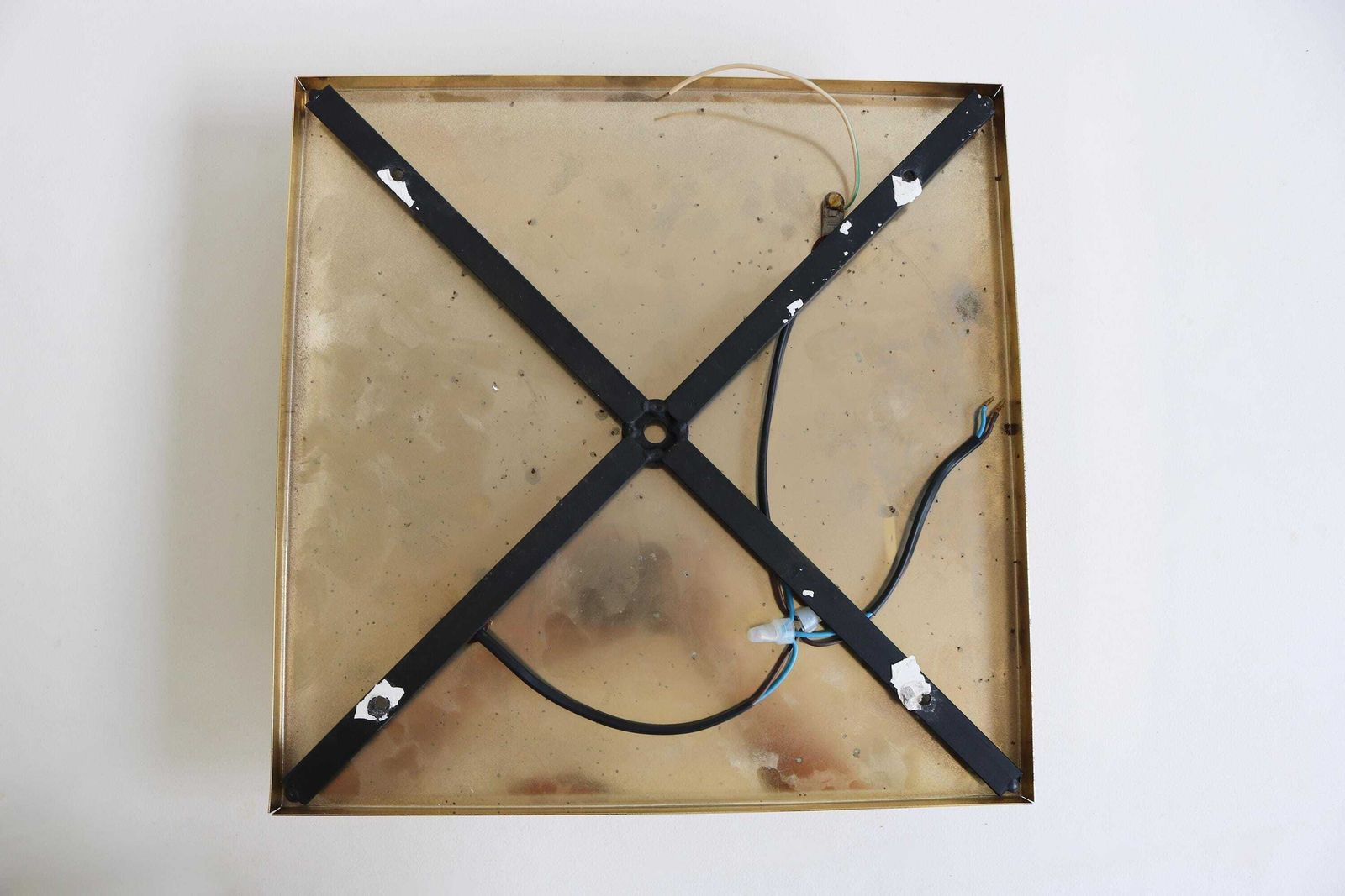 photo furniture Mid Century Modernist Square Flush Mount Wall Mounted Chandelier Brass And Glass Gold Plated Faceted Glass Sconce 1980s