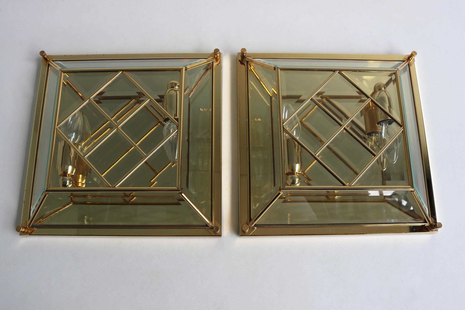 photo for sale Mid Century Modernist Square Flush Mount Wall Mounted Chandelier Brass And Glass Gold Plated Faceted Glass Sconce 1980s
