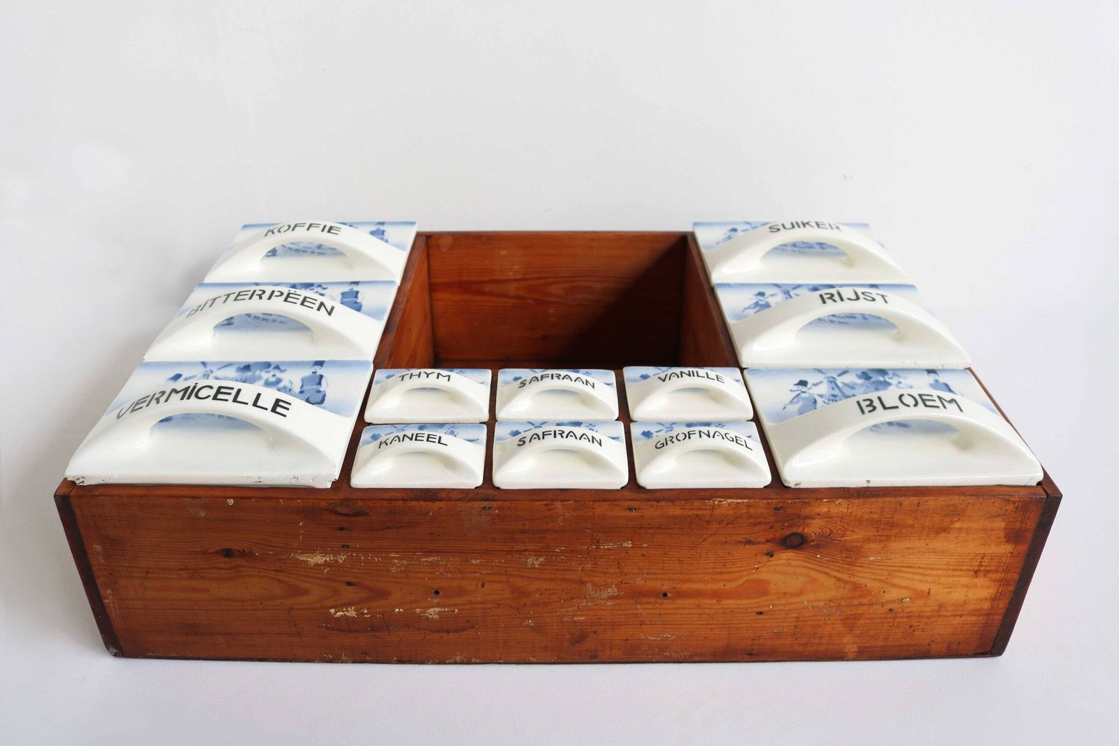 Antique Dutch Wooden Spice Cabinet Blue / White Ceramic Drawers 1920s Windmill / Farmers Wall Cabinet Kitchen Country Porcelain Art Deco photo 804.0