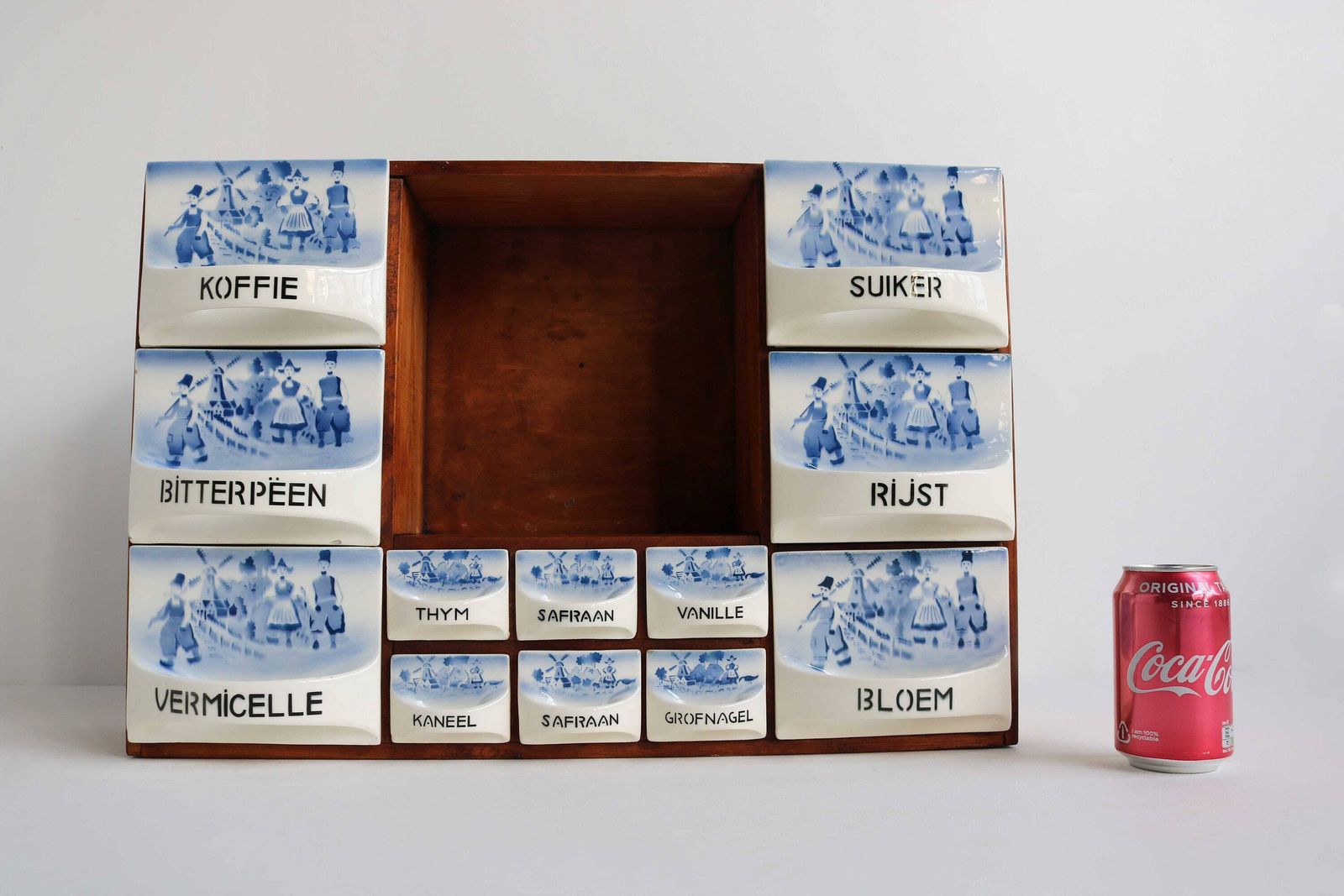 photo furniture Antique Dutch Wooden Spice Cabinet Blue / White Ceramic Drawers 1920s Windmill / Farmers Wall Cabinet Kitchen Country Porcelain Art Deco