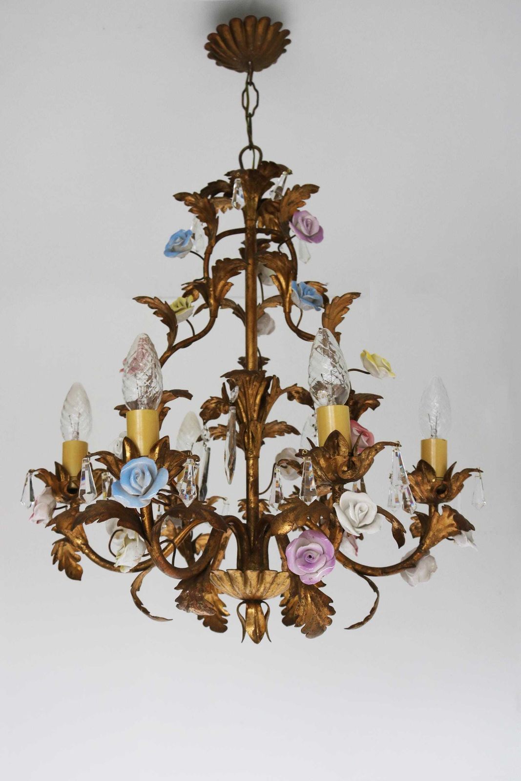 Italian Florentine Tole Chandelier Hand Made Ceramic Roses Hanging Crystals Pendant Ceiling Light Flowers Gold Plated Metal Acanthus Leaves photo vintage