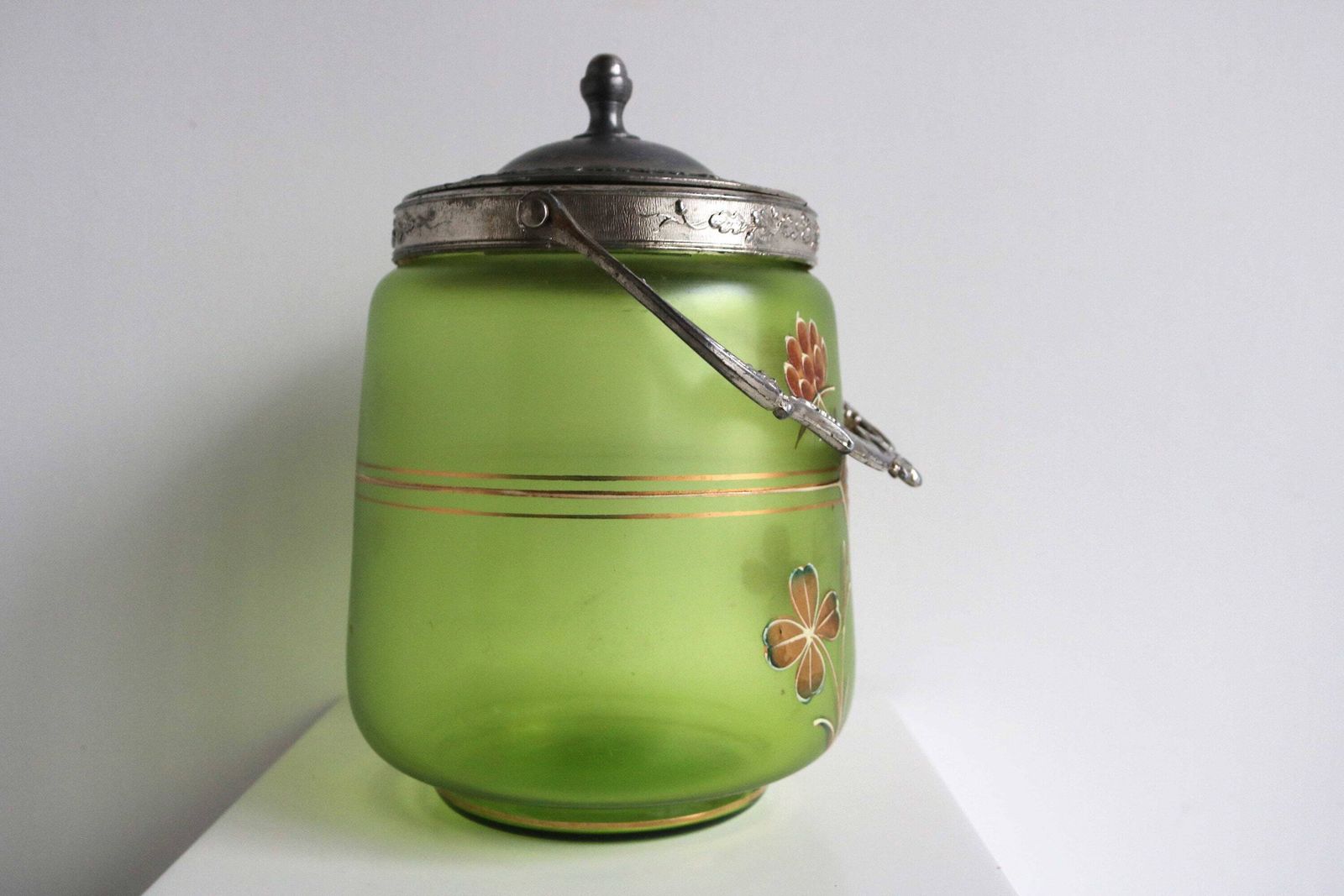 Antique Floral Hand Painted Enameled Green Glass Biscuit Box Art Nouveau Cookie Jar Jugendstil Candy Jar Biscuit Barrel France 1900s photo buy