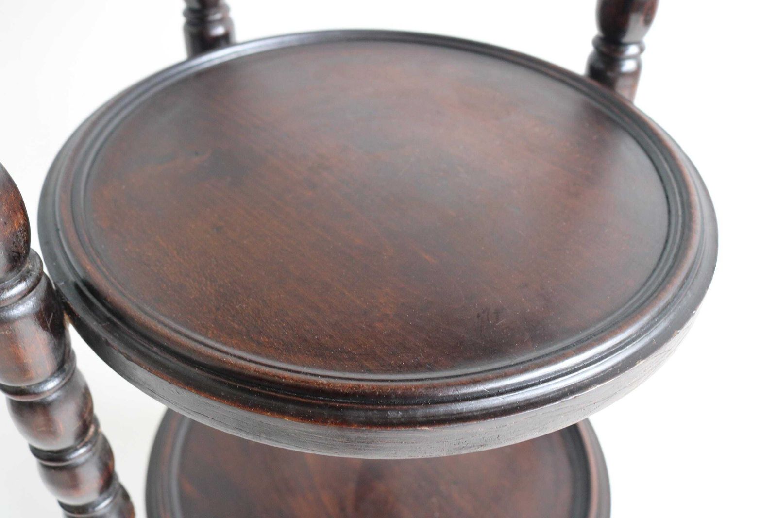 Antique Oak Bobbin Cake Pie Pastry Muffin Stand Turned Three Tier Stand Vintage Display Table Plant Stand Afternoon Tea Stand 1900s photo for sale
