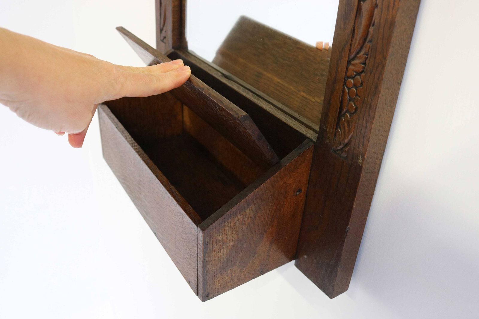 Antique Art Deco Wood Carved Beveled Mirror Bathroom Entryway Hall Cabinet Small Wall Cabinet With Comb Tray 1920/1930 photo for sale