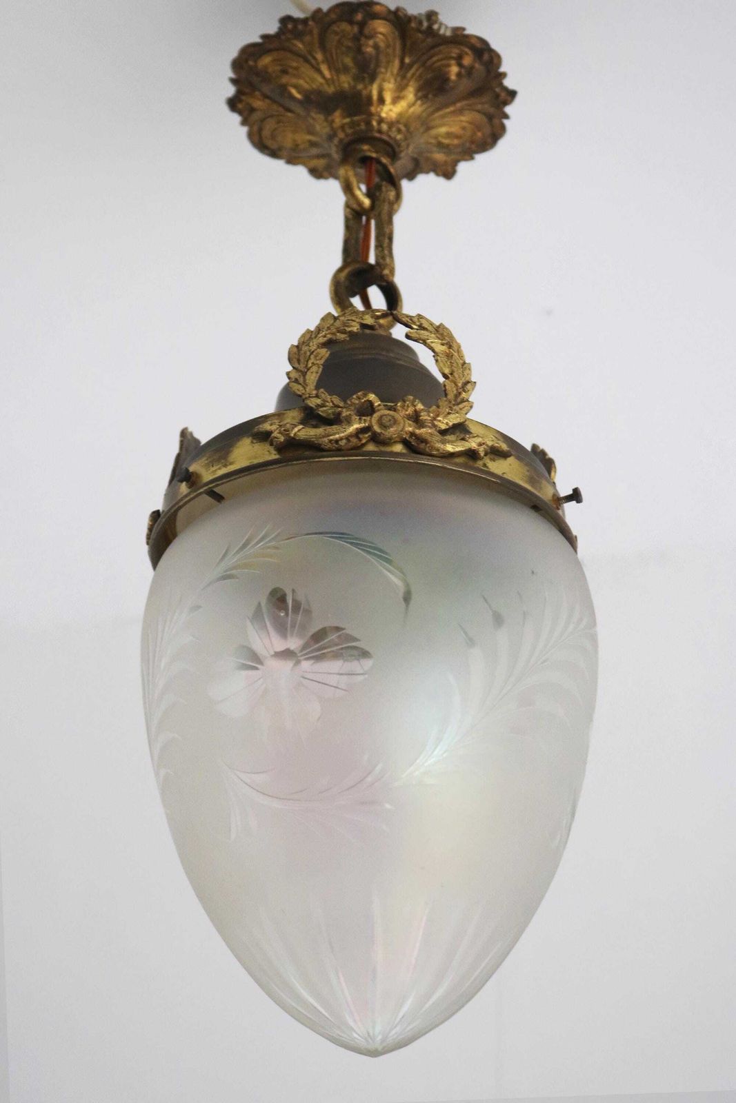 Antique French Hanging Lamp In Gilded Brass And Frosted Etched Glass Art Nouveau Teardrop Shape Pendant Light Lantern Ca. 1910 photo furniture