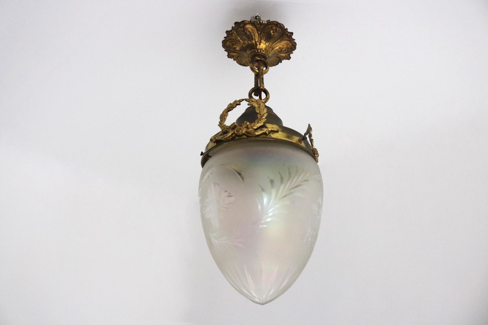 Antique French Hanging Lamp In Gilded Brass And Frosted Etched Glass Art Nouveau Teardrop Shape Pendant Light Lantern Ca. 1910 photo for sale