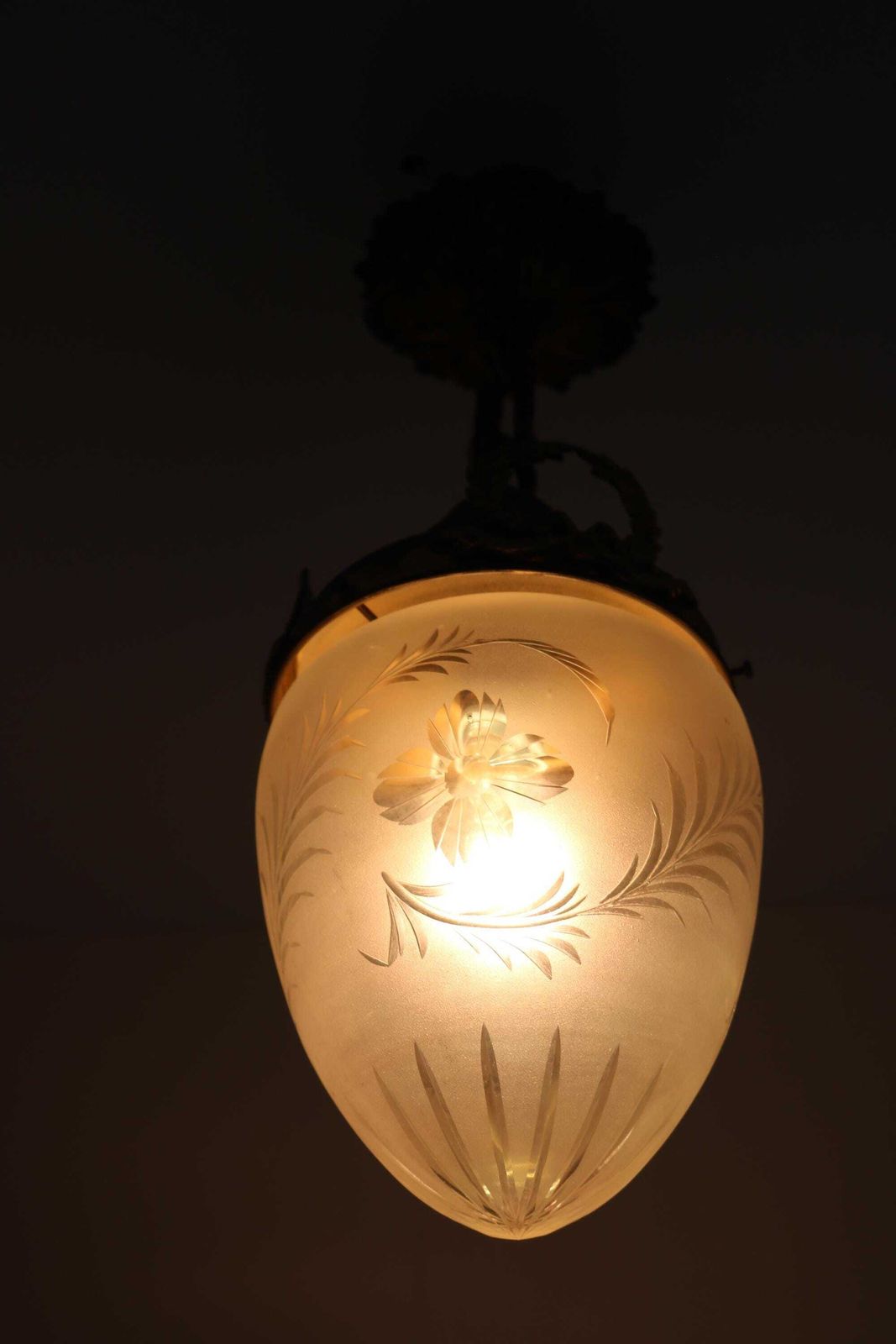 Antique French Hanging Lamp In Gilded Brass And Frosted Etched Glass Art Nouveau Teardrop Shape Pendant Light Lantern Ca. 1910 photo 894.0