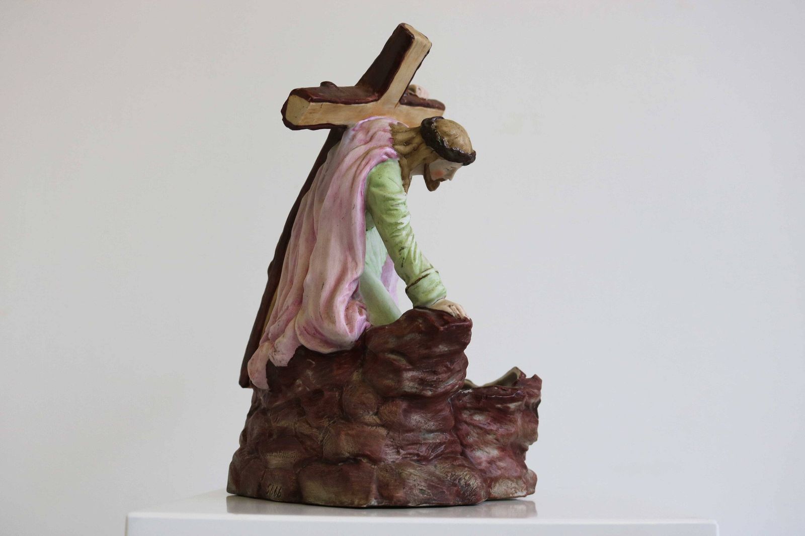 Bisque Holy Water Font Jesus With Cross For Table Top Germany Antique 19th Century Figurine Christ Carrying Cross Religious 1900s photo Home Decor