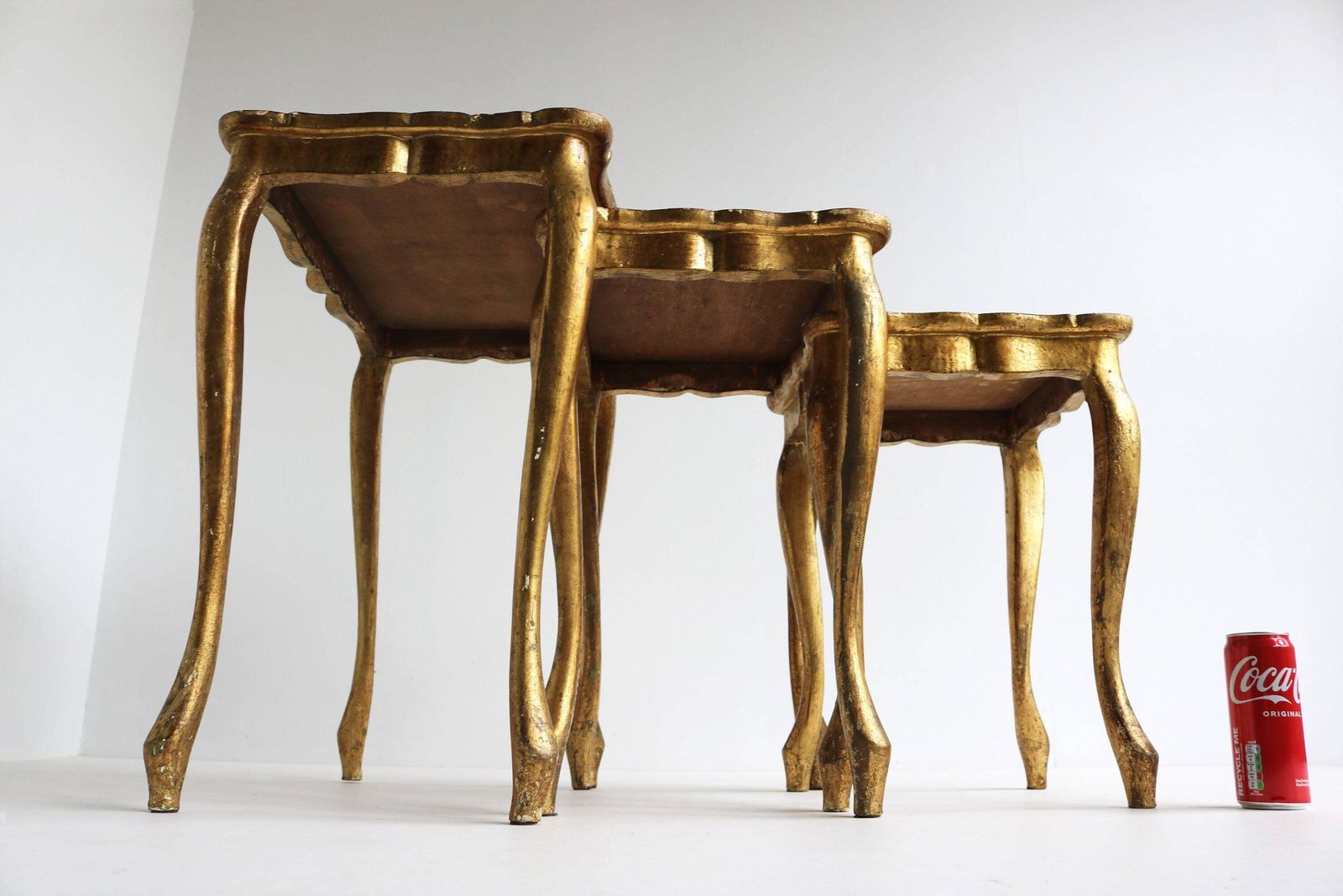 photo furniture Set Of Three Italian Florentine Gold Hollywood Regency Wood Stacking Nesting Tables Additional Tables Side Tables Set Tables 1960s