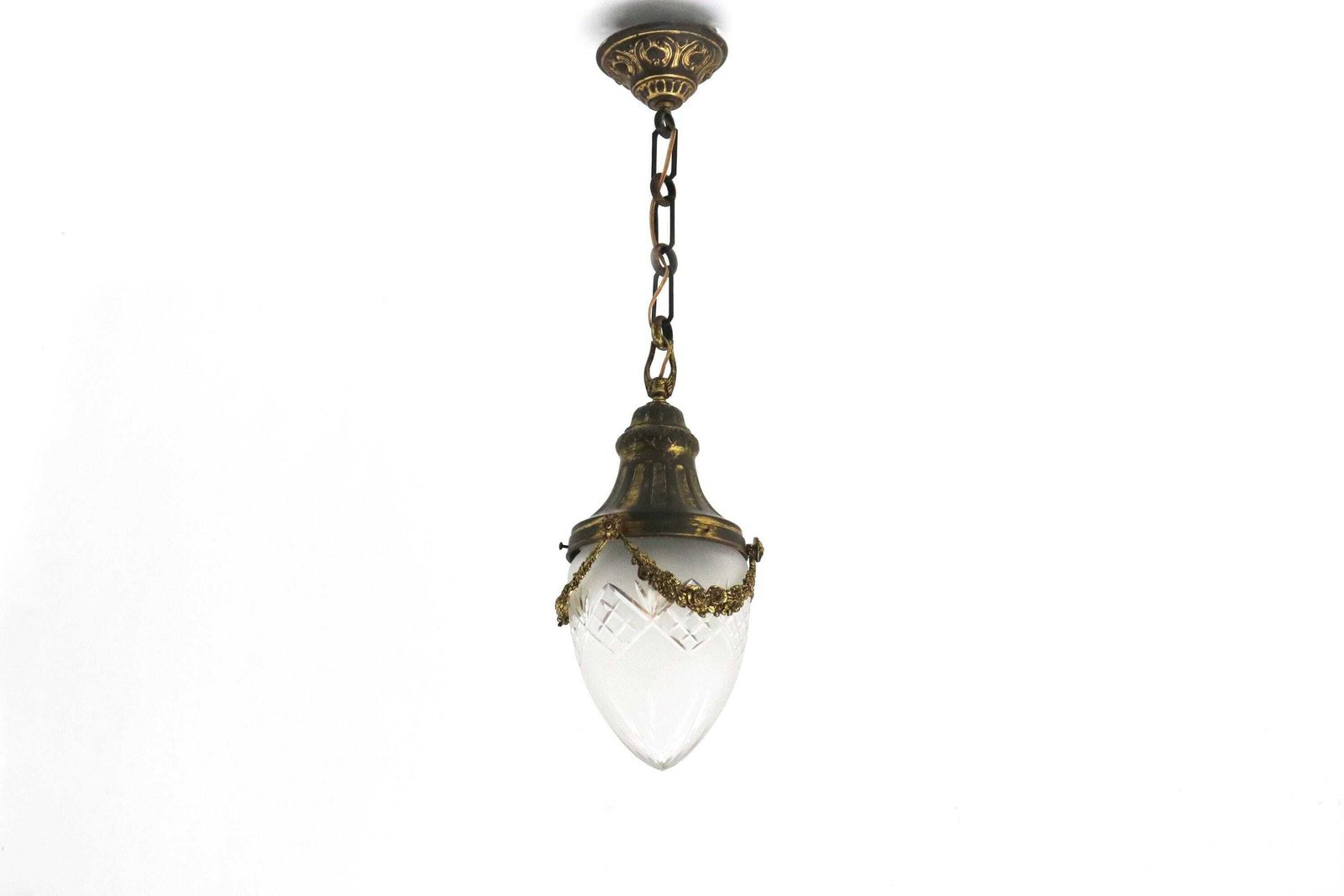 Antique French Hanging Lamp In Gilded Brass And Frosted Etched Glass Art Nouveau Teardrop Shape Ceiling Lamp ,1900 1910
