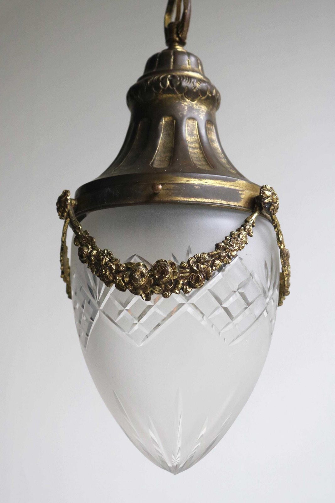 Antique French Hanging Lamp In Gilded Brass And Frosted Etched Glass Art Nouveau Teardrop Shape Ceiling Lamp ,1900 1910 photo furniture