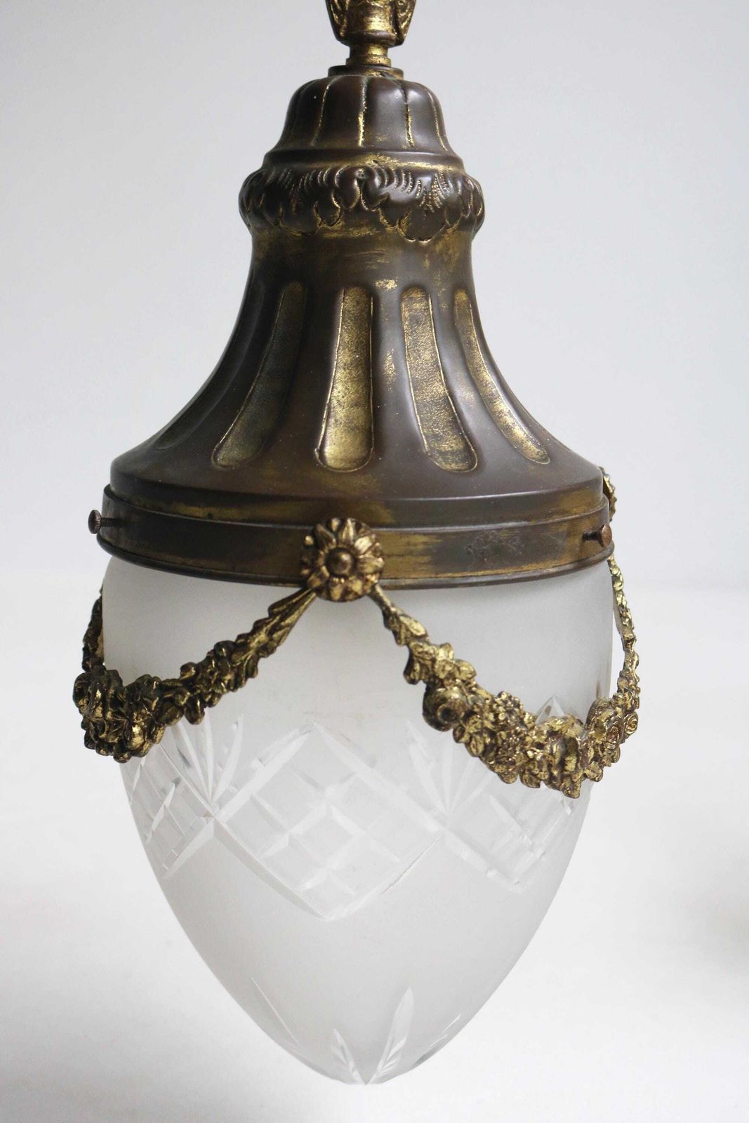 Antique French Hanging Lamp In Gilded Brass And Frosted Etched Glass Art Nouveau Teardrop Shape Ceiling Lamp ,1900 1910 photo Lighting