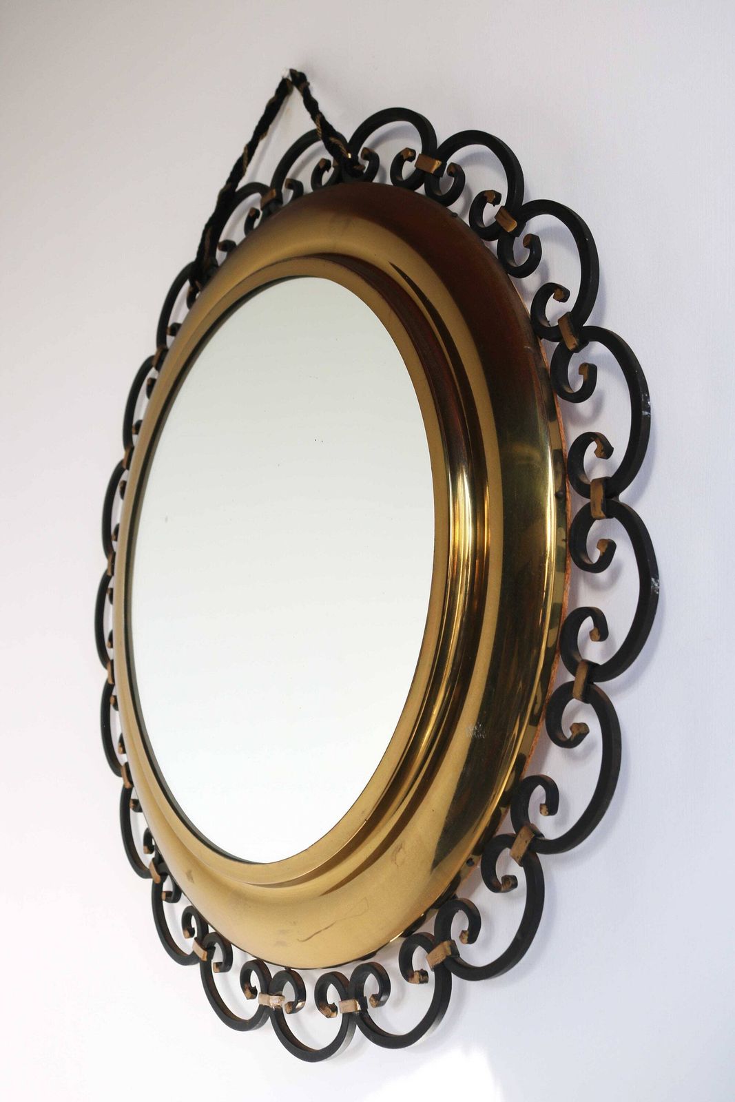 Vintage Round Shape Wrought Iron And Brass Wall Mirror Black And Golden Accents French Hall Mirror Regency Style Entry Hall Mirror 1960s photo furniture