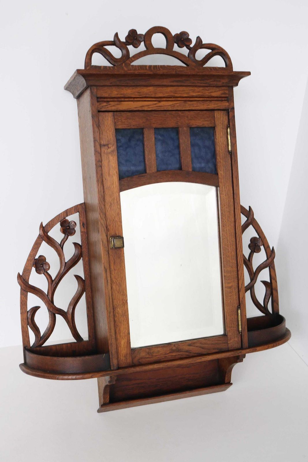 French Antique Art Nouveau Wall Cabinet / Medicine Cabinet Beveled Mirror Blue Glass Floral Carved Oak Apothecary Key Cabinet 1900  1910 photo for sale