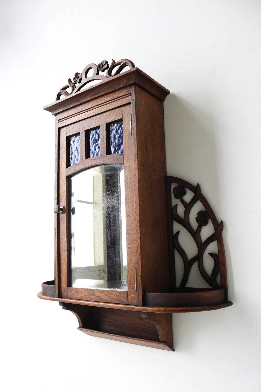 French Antique Art Nouveau Wall Cabinet / Medicine Cabinet Beveled Mirror Blue Glass Floral Carved Oak Apothecary Key Cabinet 1900  1910 photo vintage