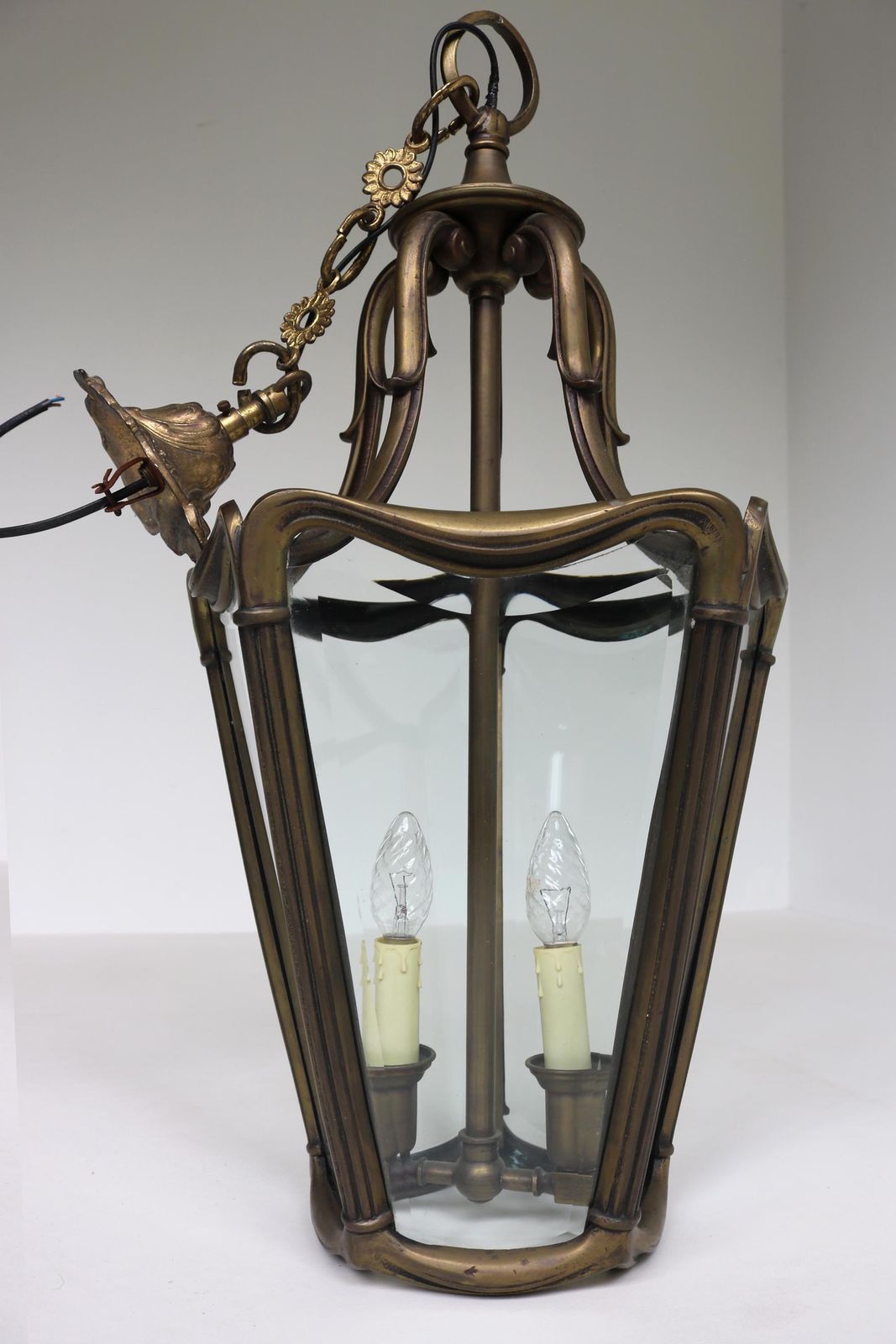 Antieke Edwardiaanse Bronzen Hanglantaarn Met Geslepen Glas | Jugendstil | Vijfhoekig | Plafondlamp | Ca. 1910 photo vintage
